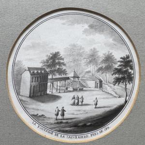 Antoine Le Loup, 18th Century, "the Sauvenière Fountain In Spa," Ink Drawing