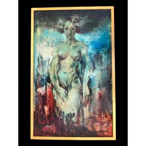 Michèle Broeders “fantastic Nude” 1971 Surrealist Oil Painting 49x30 Cm