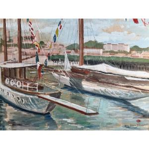 Tony Alain Hermant (1880-1939): "sailboats In Port" Mixed Media Painting On Canvas