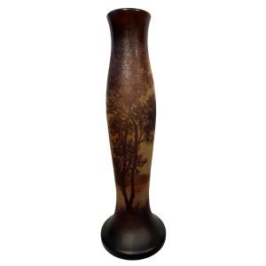 Large Argental Crystal Vase, Multi-layered Engraved Landscape With Figures, 38 Cm High 