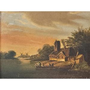 Small Miniature Painting, Animated Dutch Landscape? With 2 Windmills 