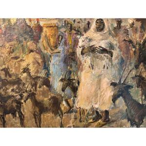 Paul Daxhelet “oriental Market” Orientalist Painting 31x41 Cm