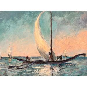 Paul Daxhelet (1905-1993): "fishermen In Zanzibar" Oil Painting On Panel 30x40 Cm