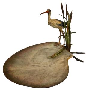 Bronze Stork From Vienna And Mother-of-pearl Shell. Animal Motif.