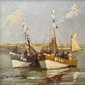Small Marine Painting, Signed, Oil On Canvas Mounted On Canvas, "trawlers In Port"