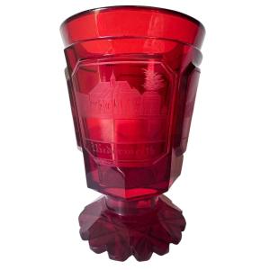 Ruby-red Bohemian Crystal Glass With Engraved Castles Décor