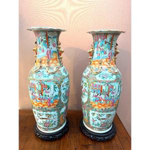 Pair Of Large Cantonese Enameled Porcelain Vases