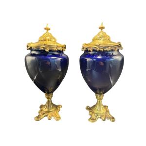 Pair Of Bronze Mounted Cobalt Blue Porcelain Covered Vases