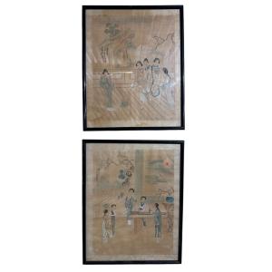 Pair Of Chinese Paintings On Silk