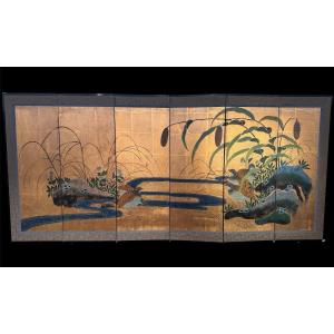 Six-panel Japanese Byobu Folding Screen With Gold Leaf