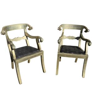 Pair Of Anglo-indian Silver-plated Metal Armchairs With Ram's Heads – 20th Century