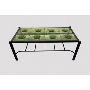 Coffee Table In Black Metal And Green Glass Tiles, Vintage Design, 1970s