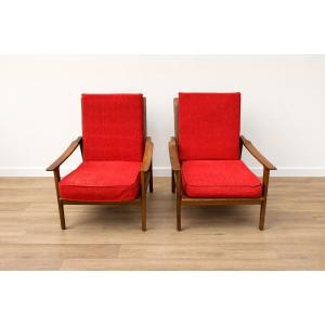 Pair Of Vintage Scandinavian-style Armchairs With Red Fabric – 1960s