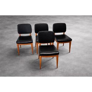 Set Of 4 Danish Chairs In Solid Wood And Black Vinyl – Scandinavian Design, 1960s