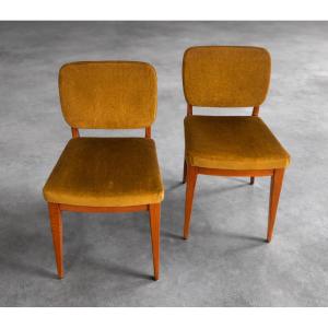 Pair Of Scandinavian Chairs In Solid Wood And Velvet – 1960s