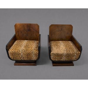 Pair Of Art Deco Walnut Veneered Armchairs With Leopard Seat Circa 1930