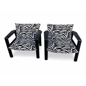 Pair Of Vintage Lounge Chairs, Black Wood Frame, Zebra Fabric, Circa 1980