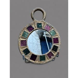 Mirror Irena Jaworska, Colored Glass And Hammered Metal, Brutalist Design From The 70s