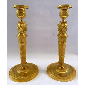 Claude Galle Pair Of Empire Candlesticks Busts Of Mars In Gilt Bronze
