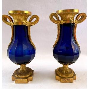 Pair Of Vases In Midnight Blue Crystal And Gilt Bronze