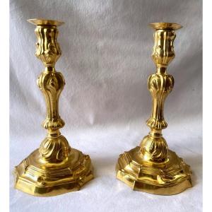 Pair Of Louis XV Period Candlesticks In Mercury-gilt Bronze