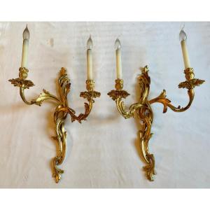 Large Pair Of Transitional Wall Sconces In Gilt Bronze