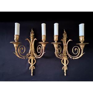 Pair Of Louis XVI Style Wall Sconces In Gilt Bronze