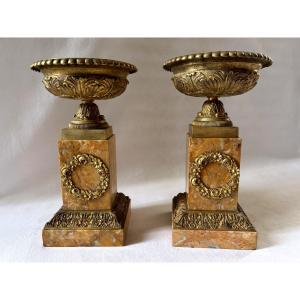 Pair Of Large Cassolettes In Bronze And Siena Marble