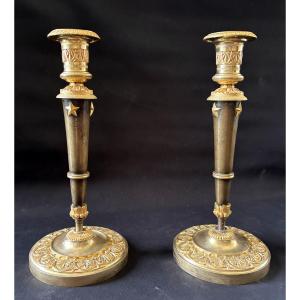 Claude Galle Pair Of Large Torches In Gilt And Patinated Bronze
