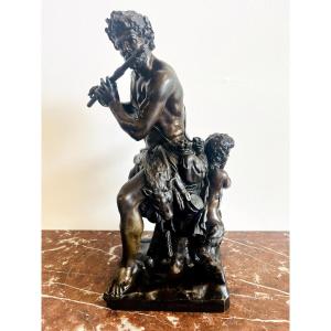 Bronze Figurine Signed Antoine Coysevox (1640-1720) "faun And Satyr"