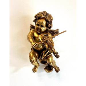 Cherub Violinist In Carved Gilded Wood