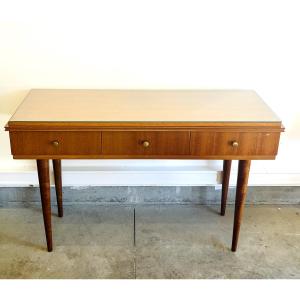 1950s Teak Console Table By Gaston Poisson – 3 Drawers, Mirror, Glass Top