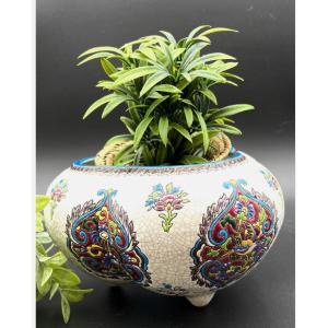 Late 19th Century Glazed Earthenware Flowerpot, Longwy Enamel Style -