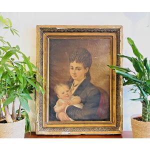 Oil Painting On Canvas – Portrait Of A Woman And Child, 19th Century