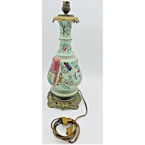 Chinese Bronze And Porcelain Lamp Decorated With Insects And Flowers 