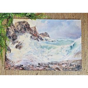 Watercolor Maurice Perronnet (1877-1950) Wave Breaking Against A Rock