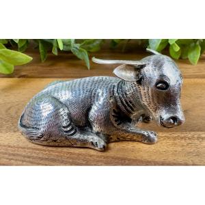 Solid Silver Reclining Bull Statuette 