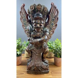 Garuda Statue In Polychrome Carved Wood