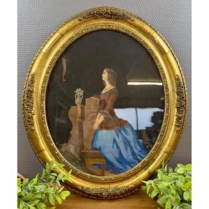 Antique Lithograph Of A Woman In Prayer – Gilded Oval Frame