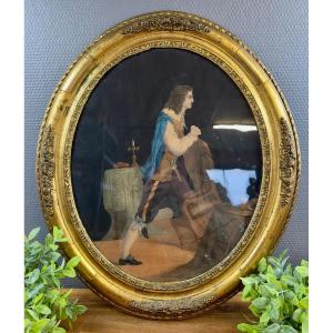 Antique Lithograph Of A Man In Prayer – Gilded Oval Frame