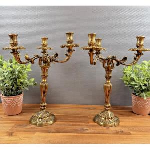 Pair Of Antique Bronze Candlesticks, Louis XV Style