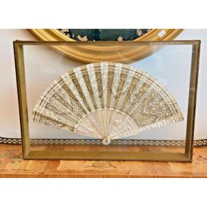 Mother-of-pearl And Textile Fan Embroidered By Claude De Muzac - Framed