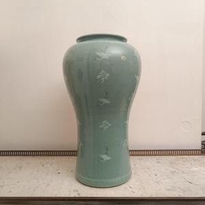 Korea, 20th Century, Celadon Maebyeong Vase Decorated With Cranes And Clouds