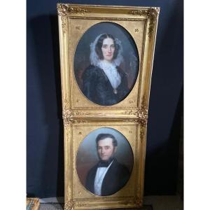 Pair Of Pastel Portraits Signed Duvergier XIX Ith