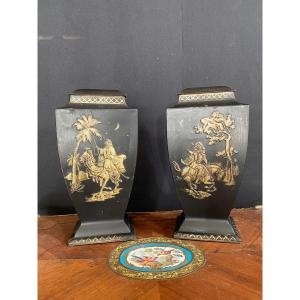 Pair Of Covered Pots In Painted Sheet Metal Orientalist Decor 19th