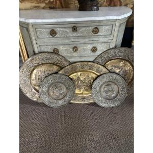 Lot Of 5 Repoussé Copper Dishes From The 19th Century