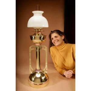 Very Stylish And Rare Secessionist Period Paraffin Brass And Copper Table Lamp.