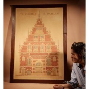 Very Detailed Architectural Watercolour/pen Drawing Of The Famous Vleeschhal Front Te Haarlem,