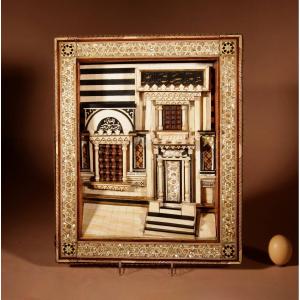 A Rare Moorish Alhambra Influence Relief Architectural Diorama Of The Front Of A Building.