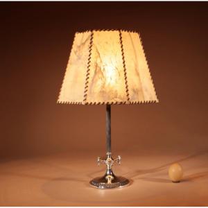 Art Deco Polished White Metal And Parchment Leather Table Lamp Circa 1920-40.